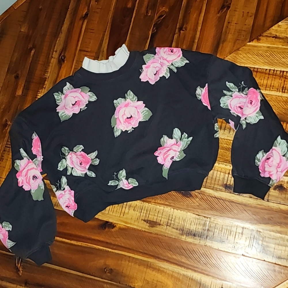 ** 2/$15 ** H&M girls floral black faux collared over-sized sweatshirt